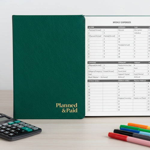 Close-up of budget tracking pages in emerald green planner